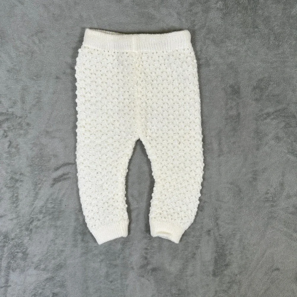 Vintage Handmade Knit Baby Set Ivory Hooded Cardigan & Pants Popcorn Pointelle